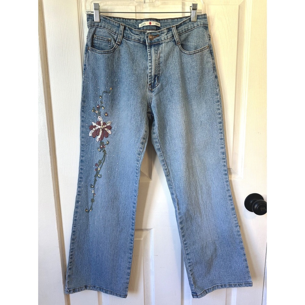 Vintage Adolfo Women's Embroidered Jeans Size 8P Flare Leg Floral Boho Y2K
